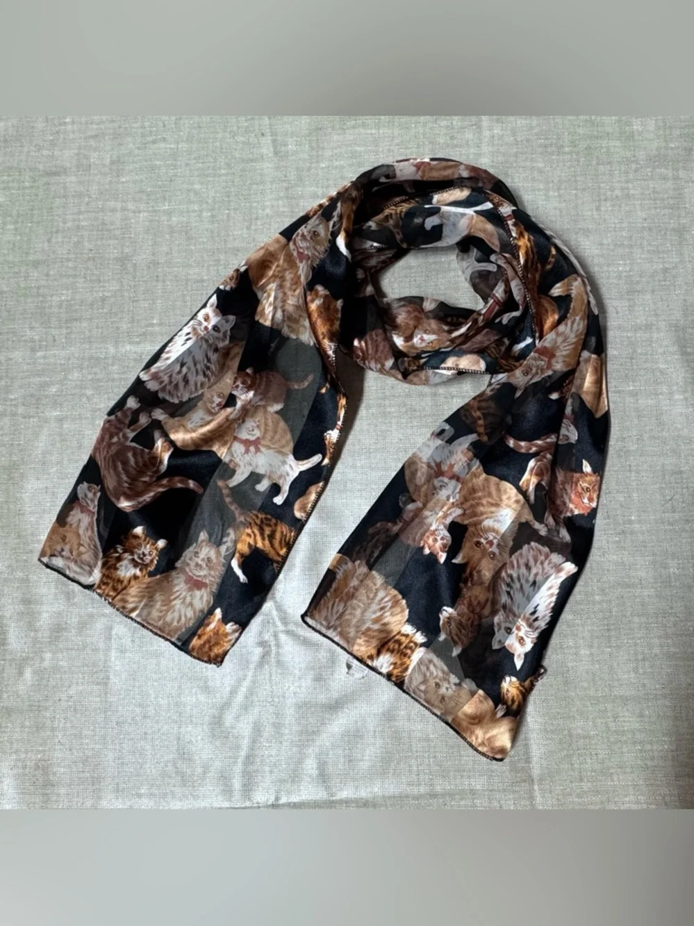 Vintage Oblong Orange Ginger Cat Scarf Silky Polyester 13x60